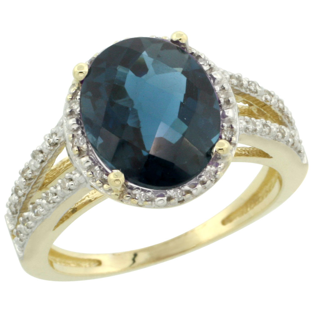 14K Yellow Gold Natural London Blue Topaz Diamond Halo Ring Oval 11x9mm, sizes 5-10