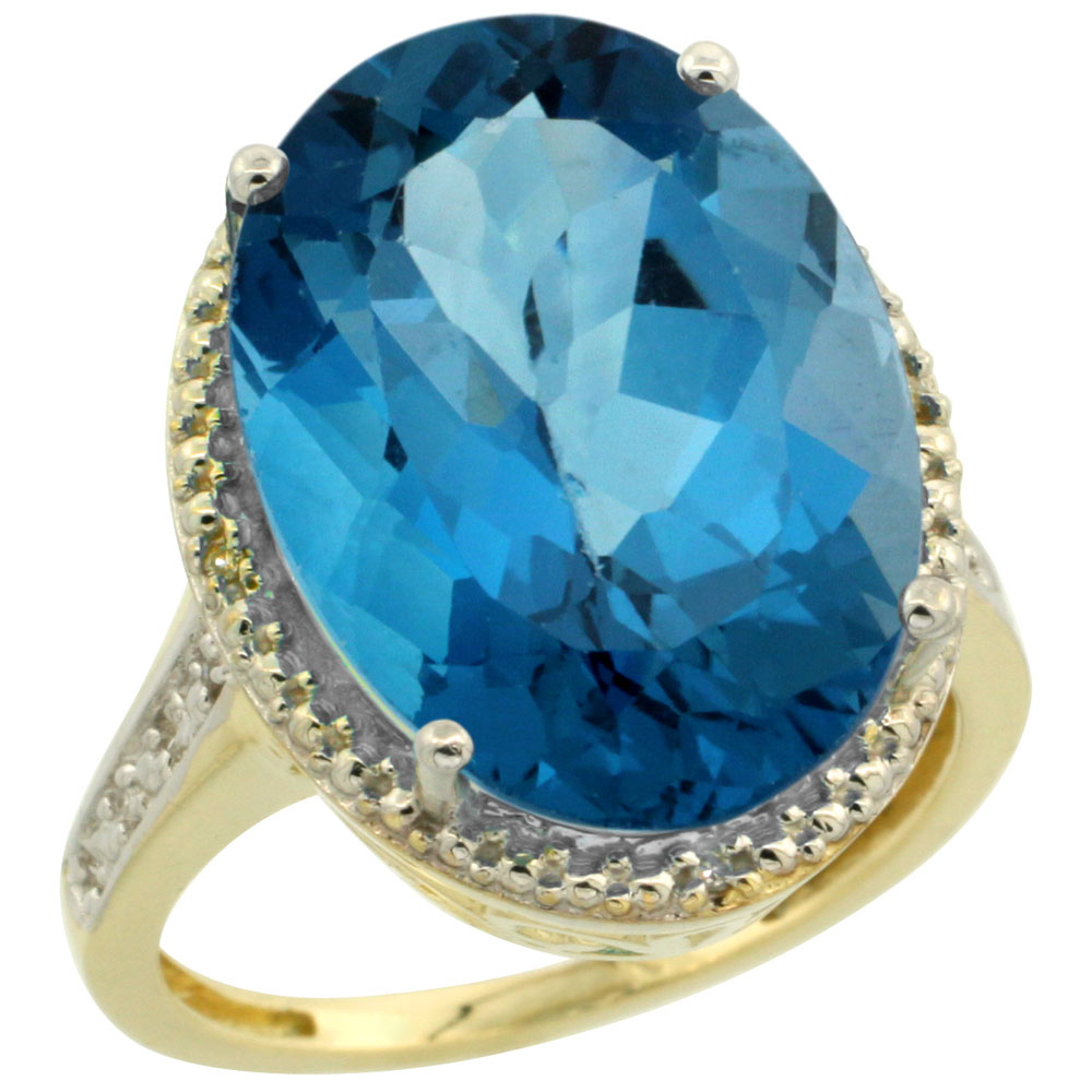 10K Yellow Gold Diamond Natural London Blue Topaz Ring Oval 18x13mm, sizes 5-10