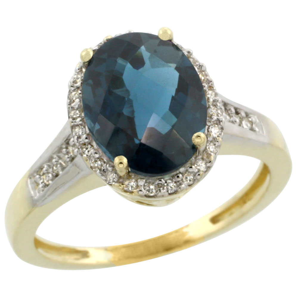 10K Yellow Gold Diamond Natural London Blue Topaz Engagement Ring Oval 10x8mm, sizes 5-10