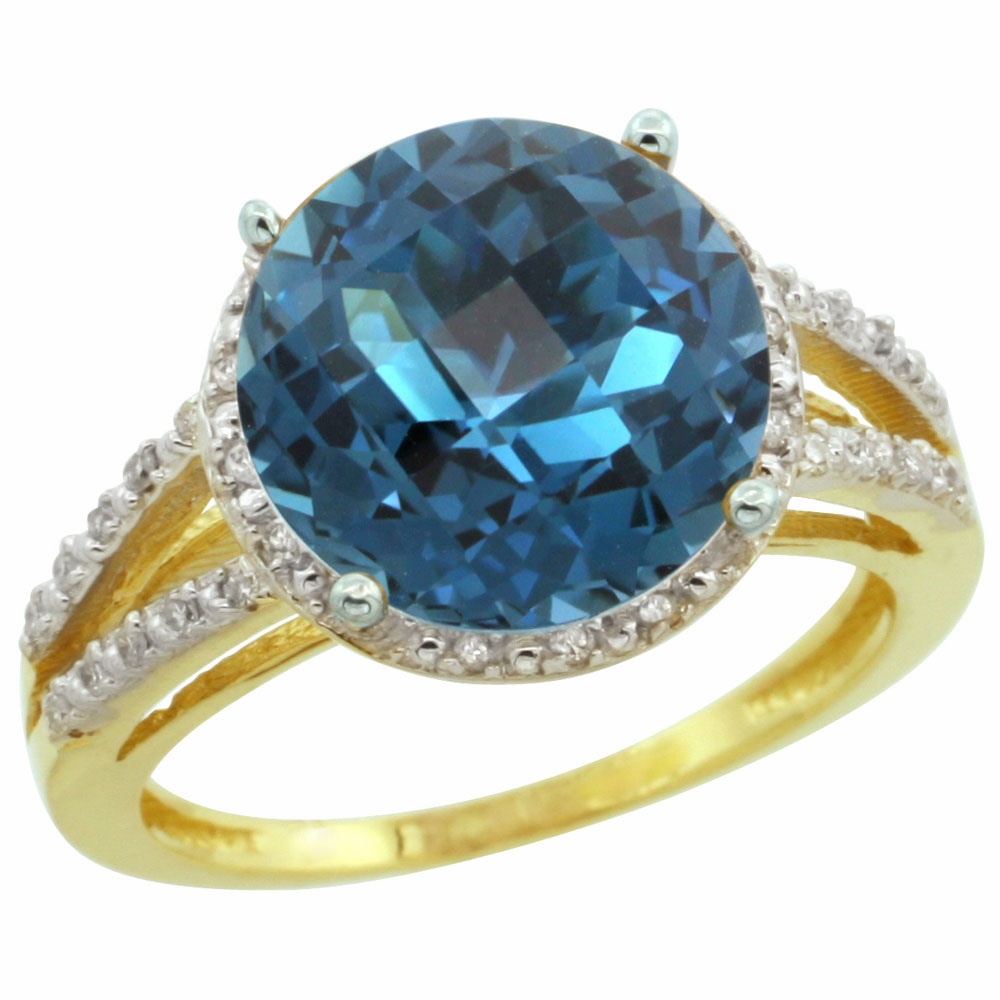 10K Yellow Gold Diamond Natural London Blue Topaz Ring Round 11mm, sizes 5-10