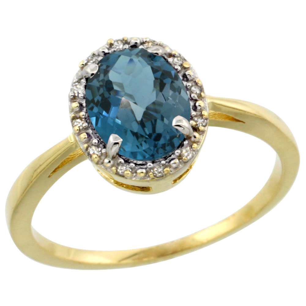 10k Yellow Gold Natural London Blue Topaz Ring Oval 8x6 mm Diamond Halo, sizes 5-10