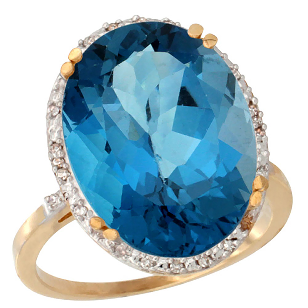 10k Yellow Gold Natural London Blue Topaz Ring Large Oval 18x13mm Diamond Halo, sizes 5-10
