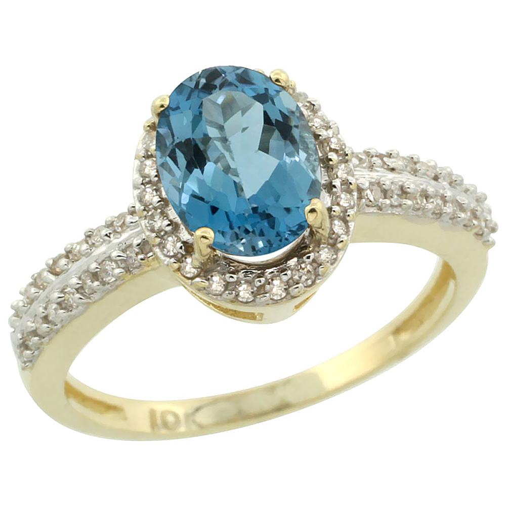 10k Yellow Gold Natural London Blue Topaz Ring Oval 8x6mm Diamond Halo, sizes 5-10