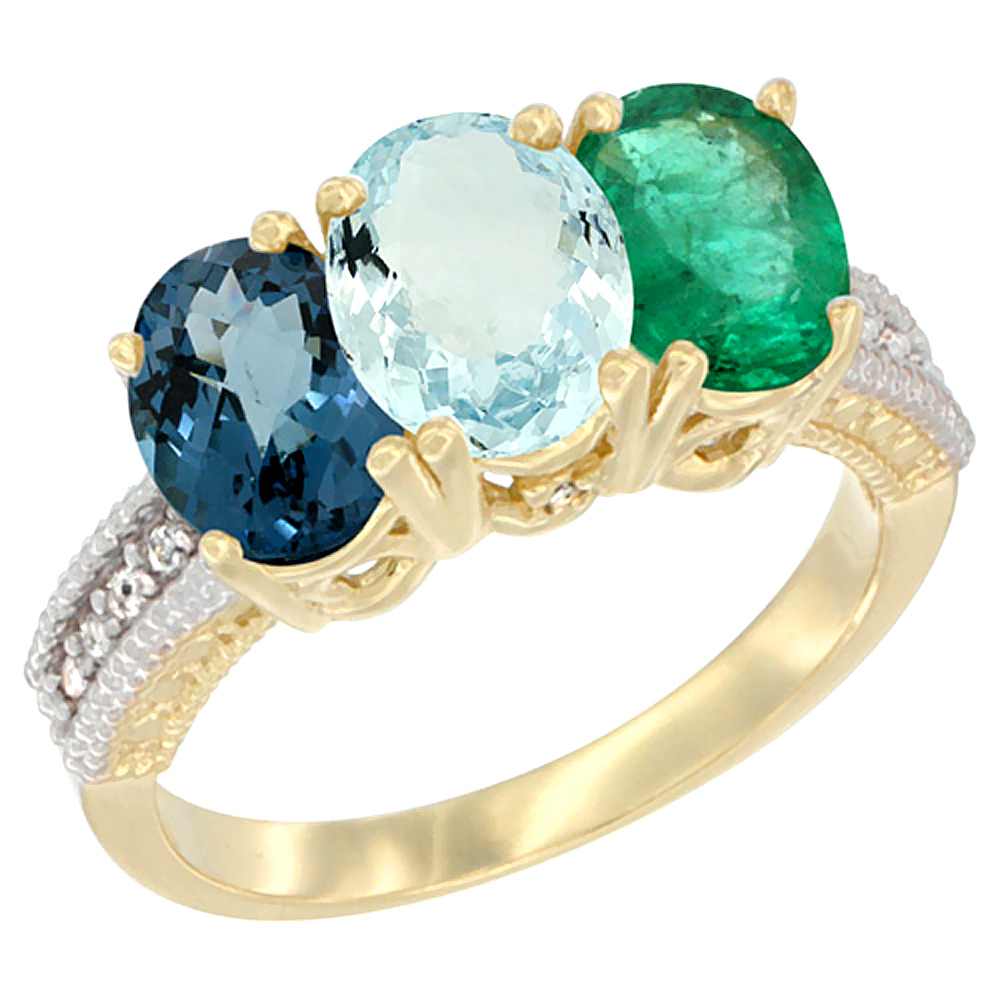 14K Yellow Gold Natural London Blue Topaz, Aquamarine &amp; Emerald Ring 3-Stone 7x5 mm Oval Diamond Accent, sizes 5 - 10