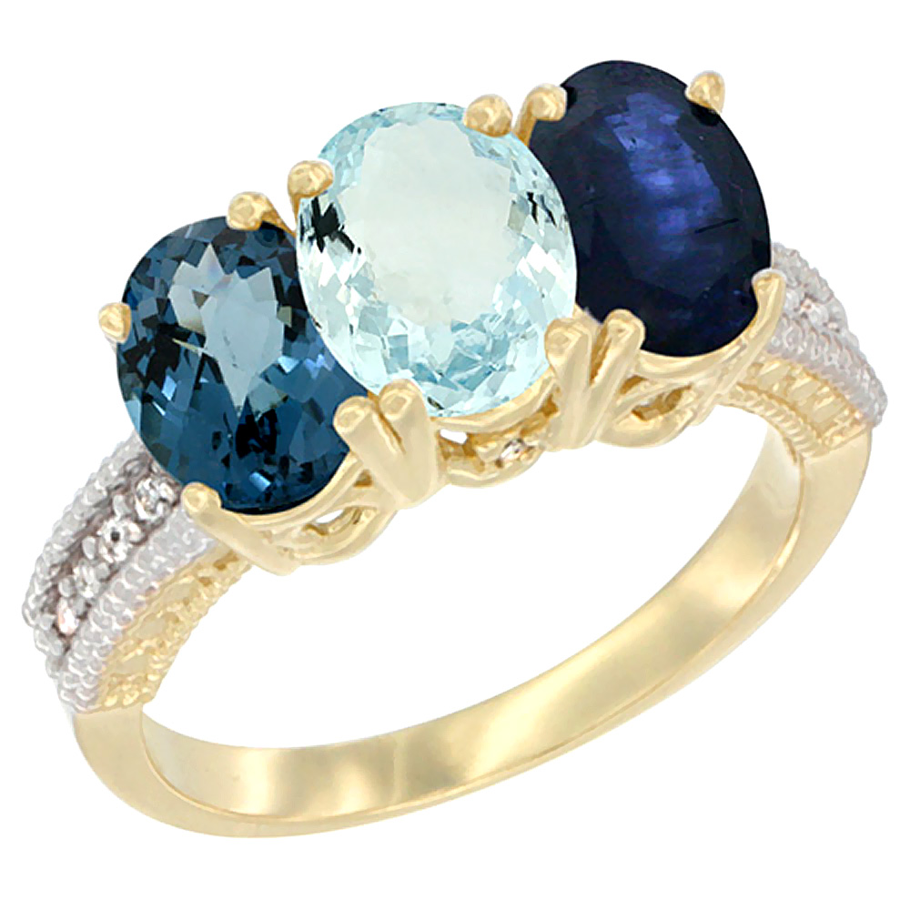 14K Yellow Gold Natural London Blue Topaz, Aquamarine &amp; Blue Sapphire Ring 3-Stone 7x5 mm Oval Diamond Accent, sizes 5 - 10