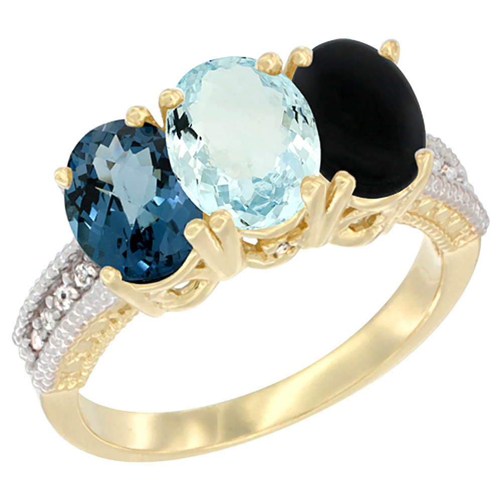 14K Yellow Gold Natural London Blue Topaz, Aquamarine &amp; Black Onyx Ring 3-Stone 7x5 mm Oval Diamond Accent, sizes 5 - 10