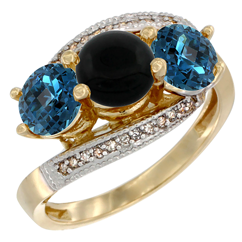 14K Yellow Gold Natural Black Onyx &amp; London Blue Topaz Sides 3 stone Ring Round 6mm Diamond Accent, sizes 5 - 10