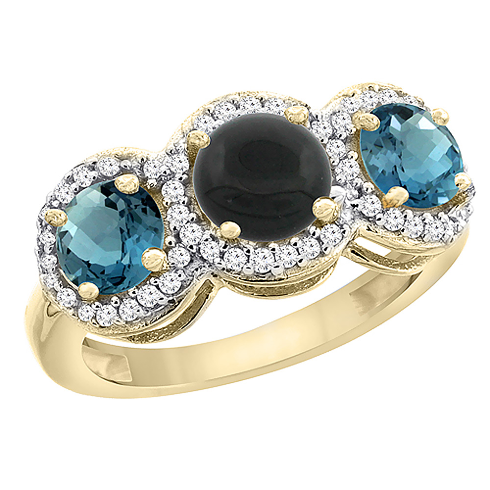 10K Yellow Gold Natural Black Onyx &amp; London Blue Topaz Sides Round 3-stone Ring Diamond Accents, sizes 5 - 10