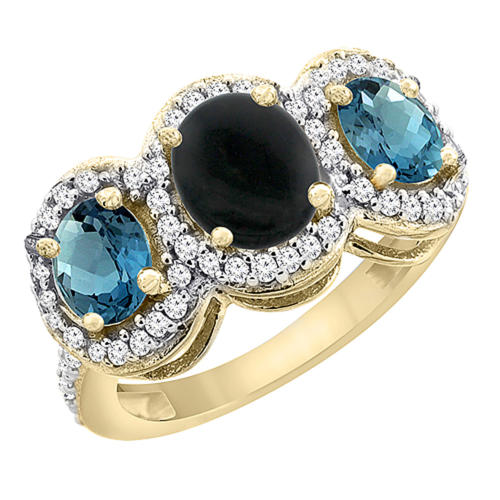 14K Yellow Gold Natural Black Onyx &amp; London Blue Topaz 3-Stone Ring Oval Diamond Accent, sizes 5 - 10