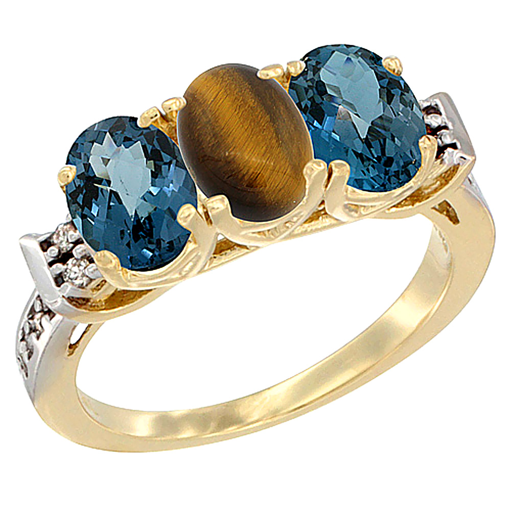 14K Yellow Gold Natural Tiger Eye &amp; London Blue Topaz Sides Ring 3-Stone 7x5 mm Oval Diamond Accent, sizes 5 - 10