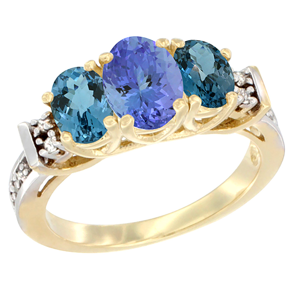 10K Yellow Gold Natural Tanzanite &amp; London Blue Ring 3-Stone Oval Diamond Accent