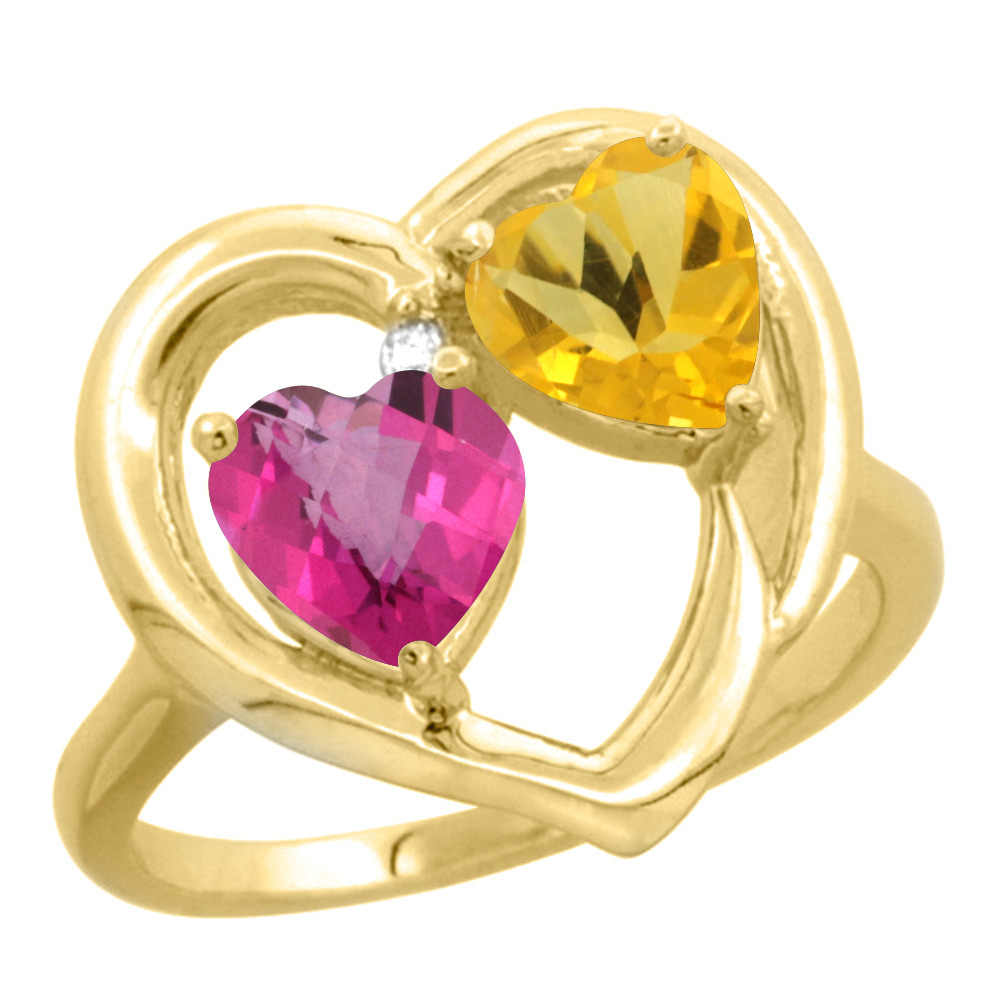 14K Yellow Gold Diamond Two-stone Heart Ring 6 mm Natural Pink Topaz &amp; Citrine, sizes 5-10