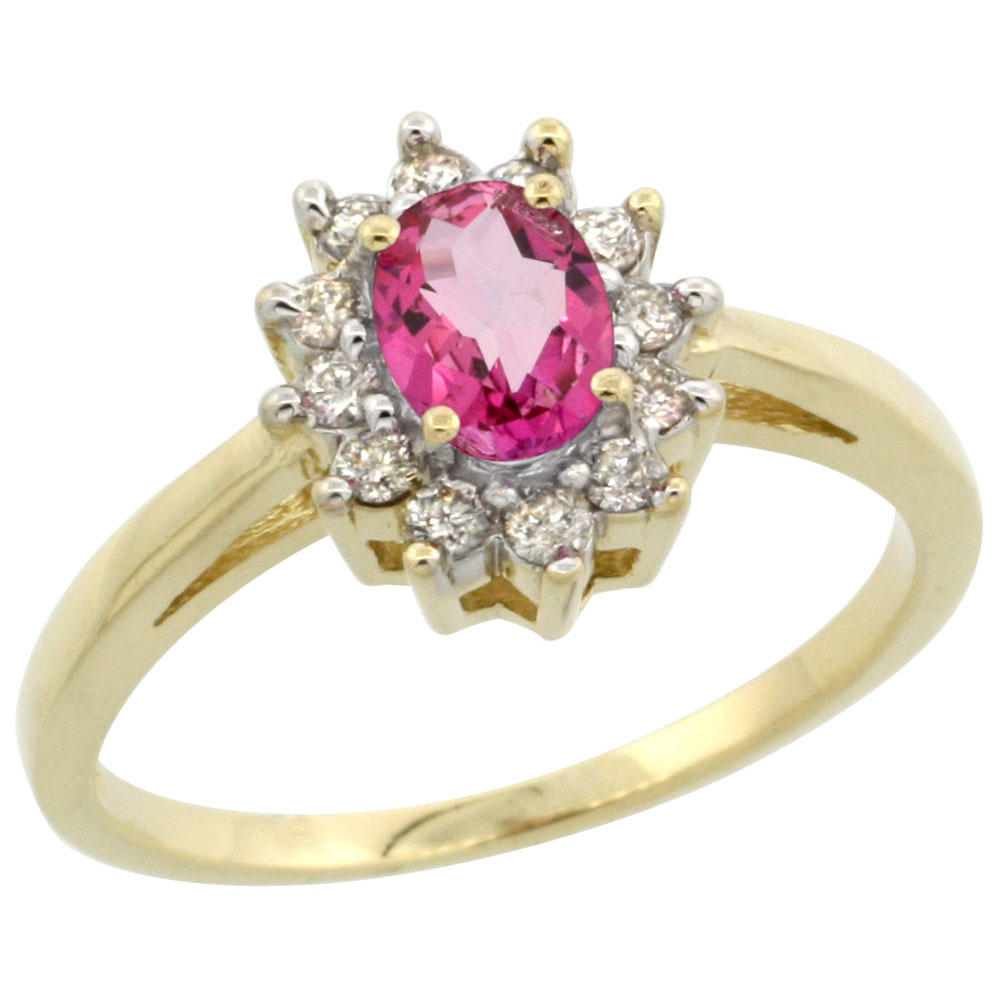 10K Yellow Gold Natural Pink Topaz Flower Diamond Halo Ring Oval 6x4 mm, sizes 5-10