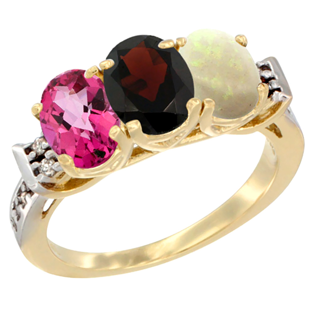 14K Yellow Gold Natural Pink Topaz, Garnet &amp; Opal Ring 3-Stone 7x5 mm Oval Diamond Accent, sizes 5 - 10