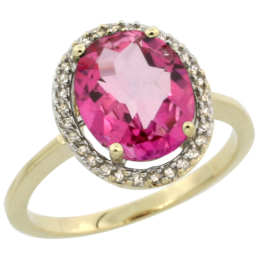 10K Yellow Gold Diamond Halo Natural Pink Topaz Engagement Ring Oval 10x8 mm, sizes 5-10