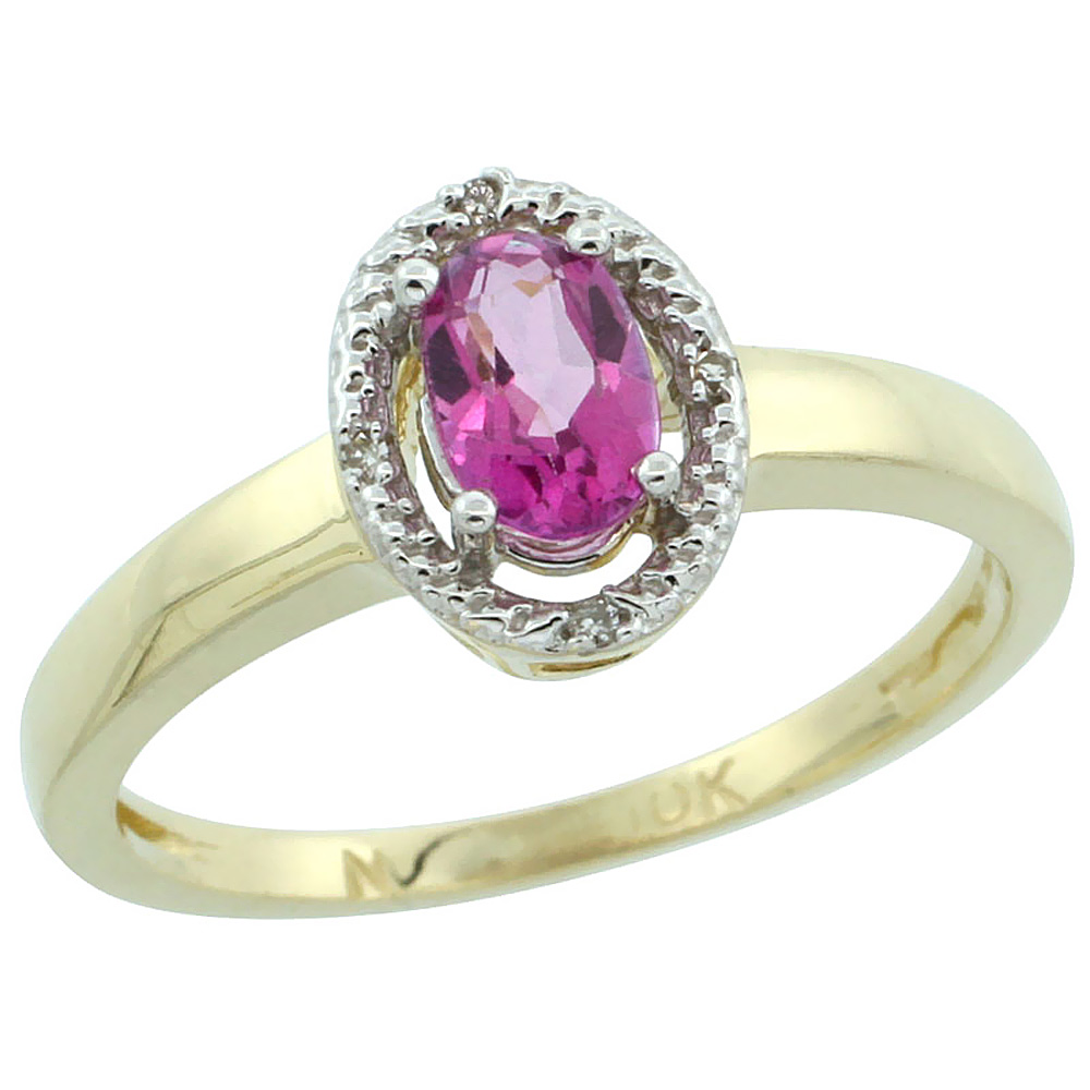 10K Yellow Gold Diamond Halo Natural Pink Topaz Engagement Ring Oval 6X4 mm, sizes 5-10