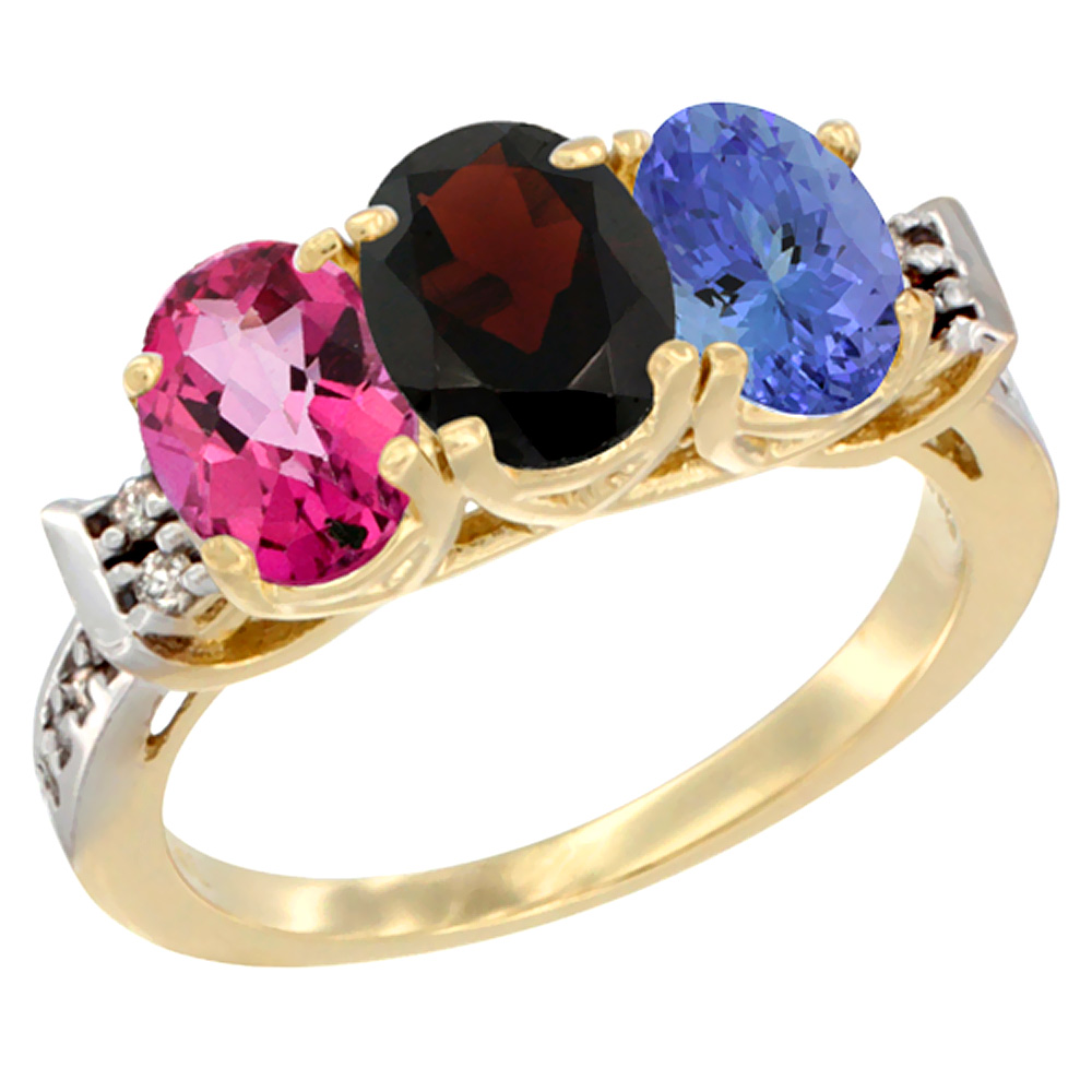 14K Yellow Gold Natural Pink Topaz, Garnet & Tanzanite Ring 3-Stone 7x5 mm Oval Diamond Accent, sizes 5 - 10