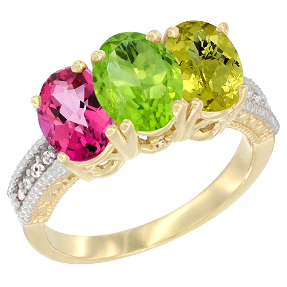 14K Yellow Gold Natural Pink Topaz, Peridot & Lemon Quartz Ring 3-Stone 7x5 mm Oval Diamond Accent, sizes 5 - 10