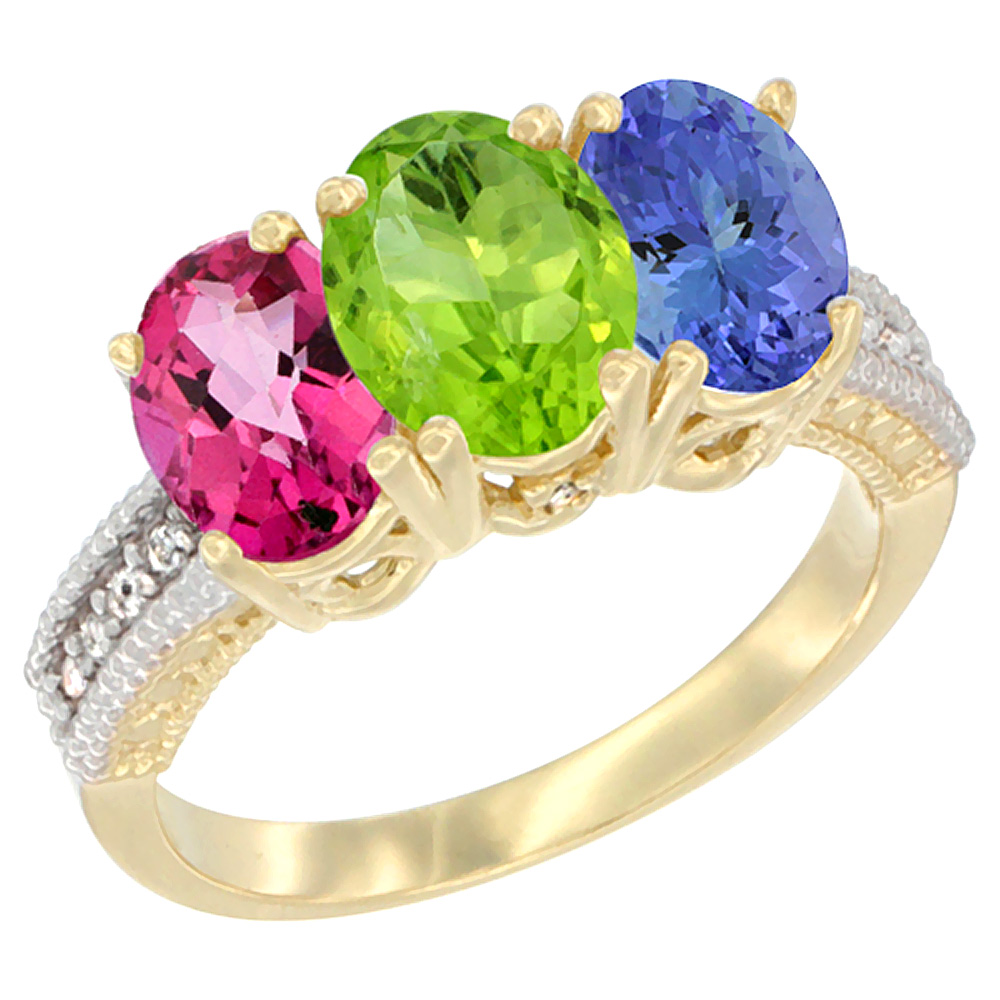 14K Yellow Gold Natural Pink Topaz, Peridot &amp; Tanzanite Ring 3-Stone 7x5 mm Oval Diamond Accent, sizes 5 - 10