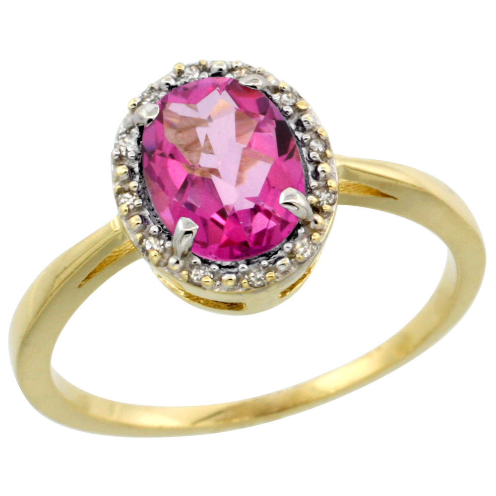 10k Yellow Gold Natural Pink Topaz Ring Oval 8x6 mm Diamond Halo, sizes 5-10