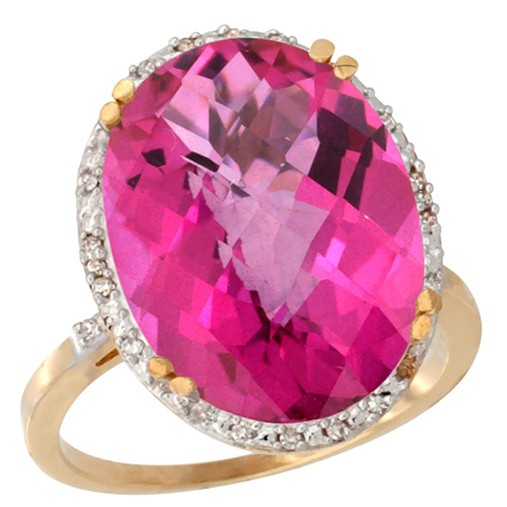 10k Yellow Gold Natural Pink Topaz Ring Large Oval 18x13mm Diamond Halo, sizes 5-10