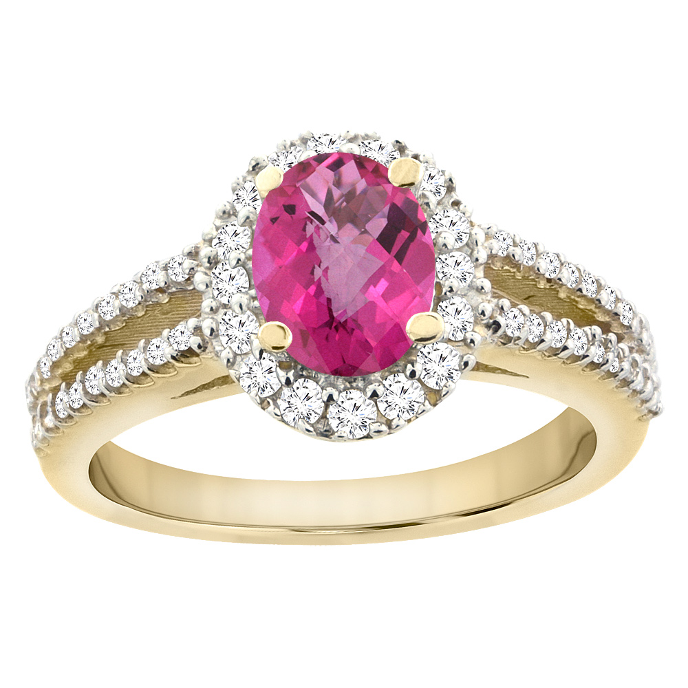 10K Yellow Gold Natural Pink Sapphire Split Shank Halo Engagement Ring Oval 7x5 mm, sizes 5 - 10