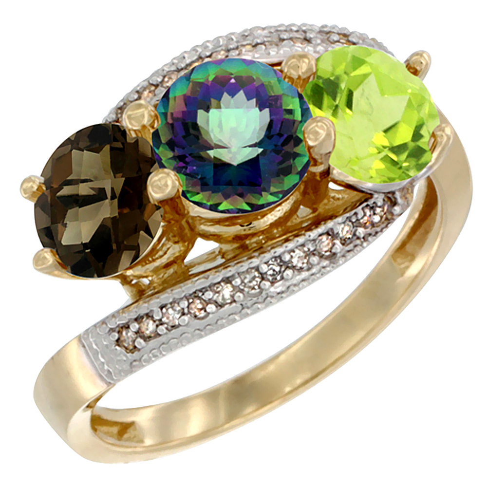 14K Yellow Gold Natural Smoky Topaz, Mystic Topaz & Peridot 3 stone Ring Round 6mm Diamond Accent, sizes 5 - 10