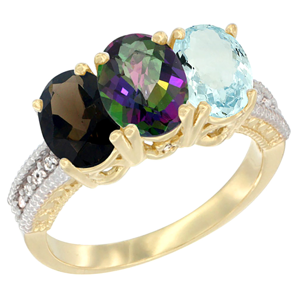 14K Yellow Gold Natural Smoky Topaz, Mystic Topaz &amp; Aquamarine Ring 3-Stone 7x5 mm Oval Diamond Accent, sizes 5 - 10