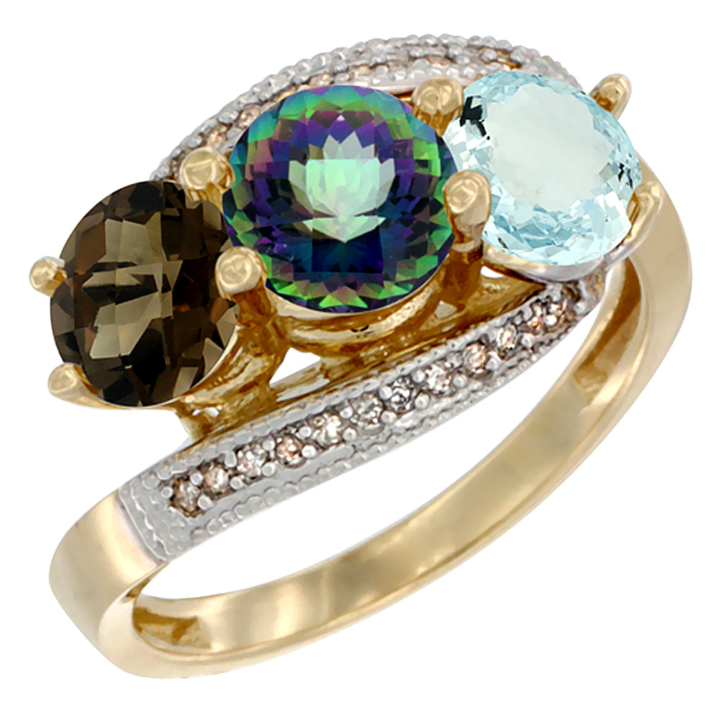 14K Yellow Gold Natural Smoky Topaz, Mystic Topaz &amp; Aquamarine 3 stone Ring Round 6mm Diamond Accent, sizes 5 - 10