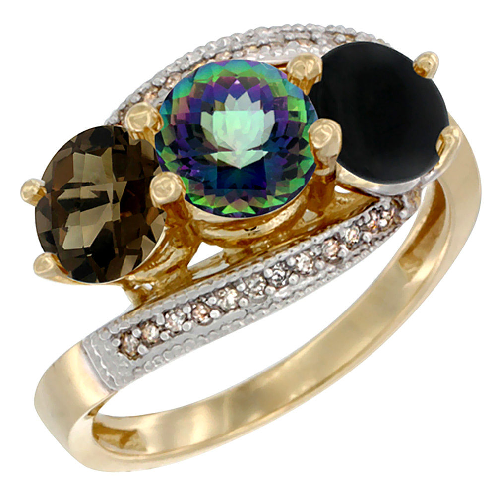 14K Yellow Gold Natural Smoky Topaz, Mystic Topaz &amp; Black Onyx 3 stone Ring Round 6mm Diamond Accent, sizes 5 - 10