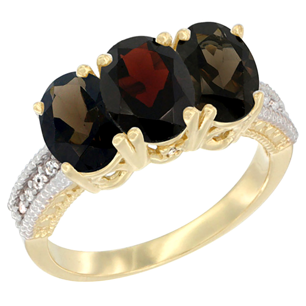 14K Yellow Gold Natural Garnet &amp; Smoky Topaz Ring 3-Stone 7x5 mm Oval Diamond Accent, sizes 5 - 10