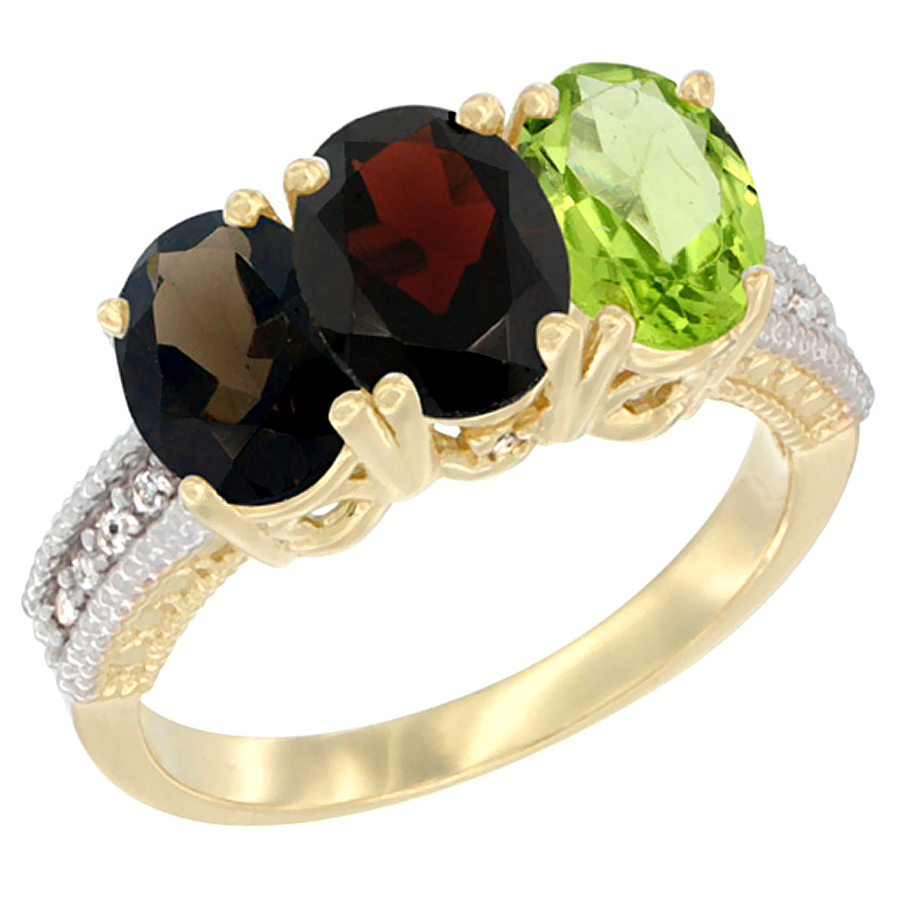 14K Yellow Gold Natural Smoky Topaz, Garnet & Peridot Ring 3-Stone 7x5 mm Oval Diamond Accent, sizes 5 - 10