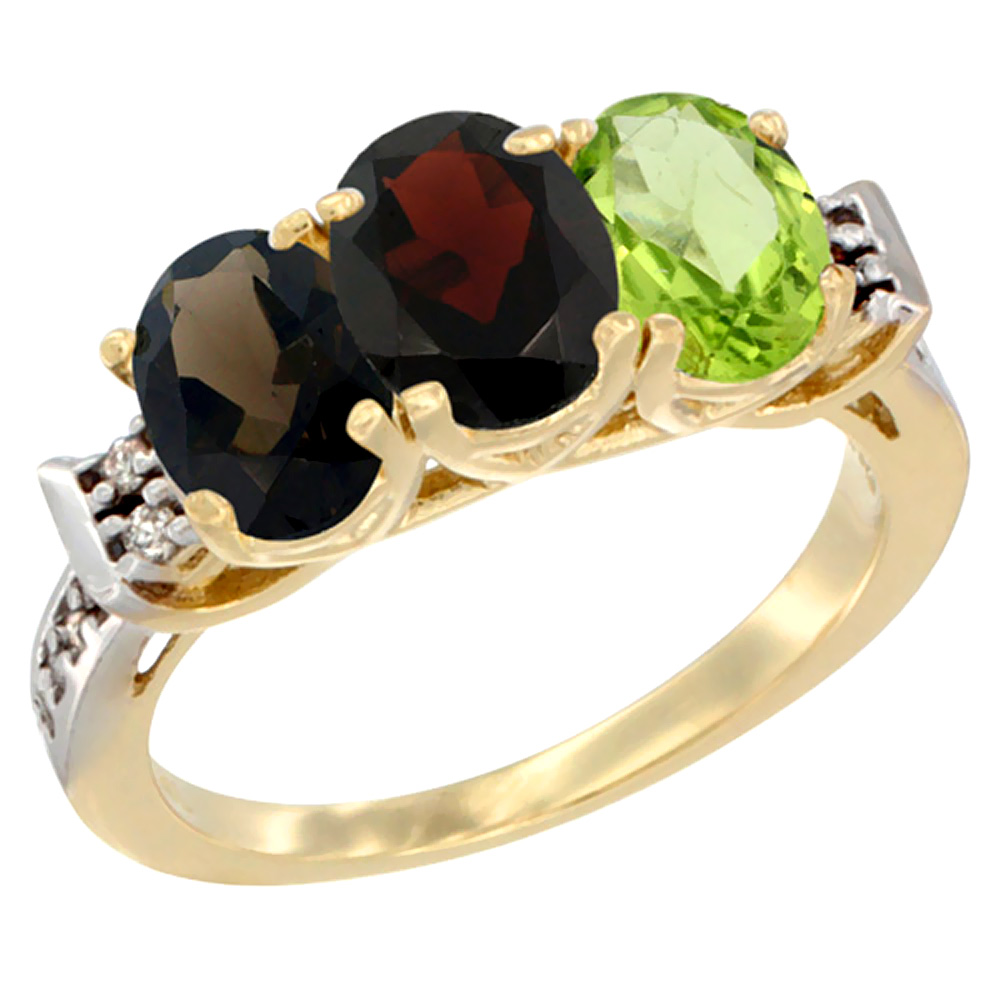 14K Yellow Gold Natural Smoky Topaz, Garnet & Peridot Ring 3-Stone Oval 7x5 mm Diamond Accent, sizes 5 - 10