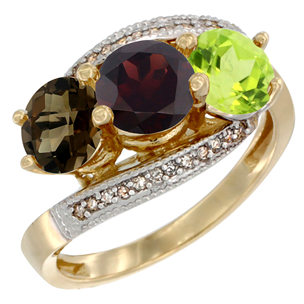 14K Yellow Gold Natural Smoky Topaz, Garnet &amp; Peridot 3 stone Ring Round 6mm Diamond Accent, sizes 5 - 10