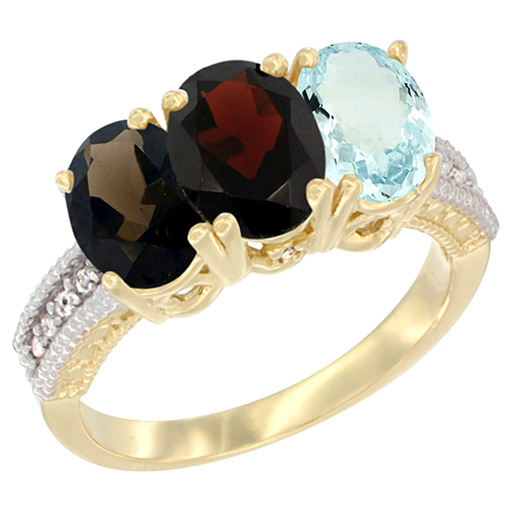 14K Yellow Gold Natural Smoky Topaz, Garnet &amp; Aquamarine Ring 3-Stone 7x5 mm Oval Diamond Accent, sizes 5 - 10