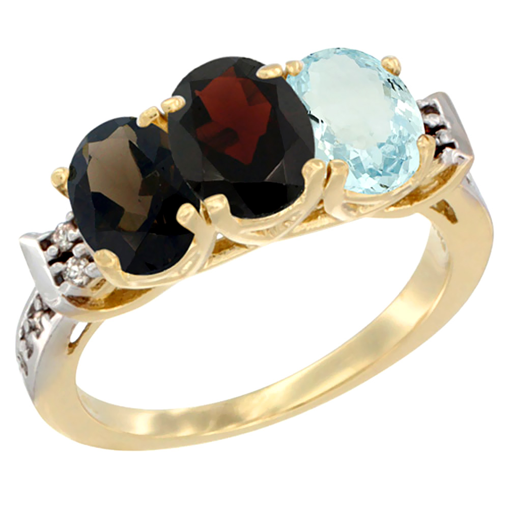 14K Yellow Gold Natural Smoky Topaz, Garnet &amp; Aquamarine Ring 3-Stone Oval 7x5 mm Diamond Accent, sizes 5 - 10