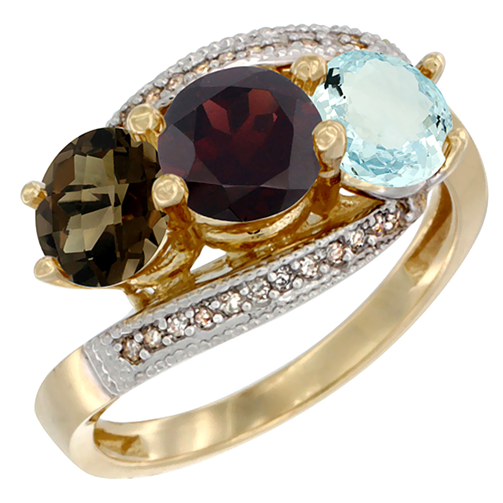 14K Yellow Gold Natural Smoky Topaz, Garnet &amp; Aquamarine 3 stone Ring Round 6mm Diamond Accent, sizes 5 - 10