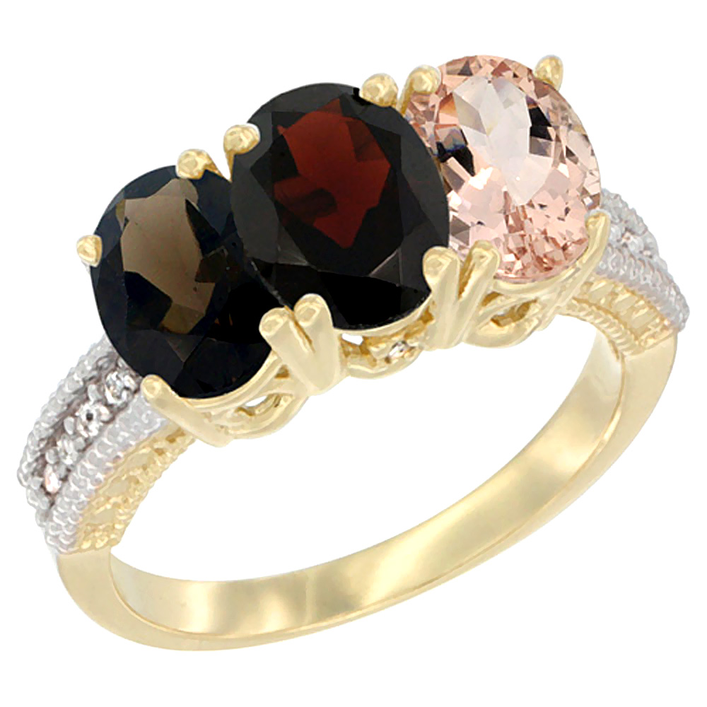 14K Yellow Gold Natural Smoky Topaz, Garnet &amp; Morganite Ring 3-Stone 7x5 mm Oval Diamond Accent, sizes 5 - 10