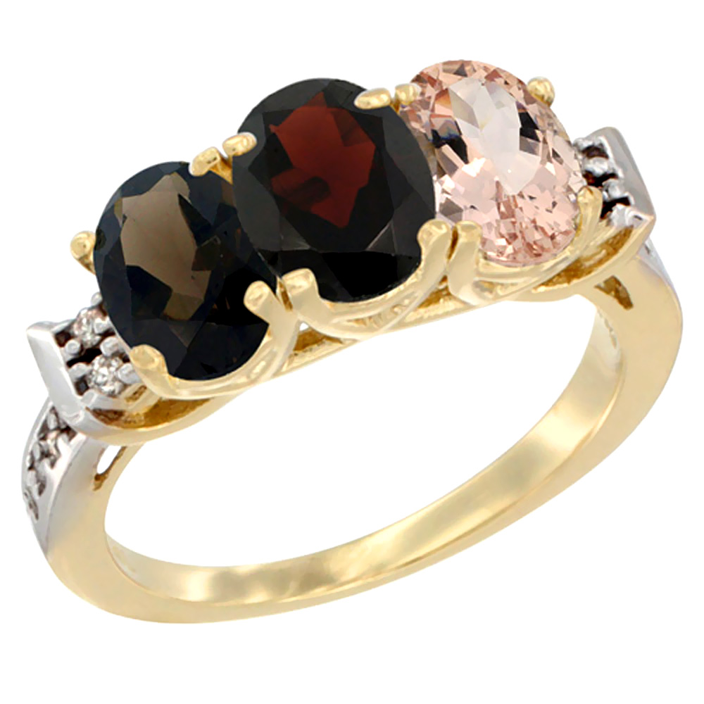 14K Yellow Gold Natural Smoky Topaz, Garnet &amp; Morganite Ring 3-Stone Oval 7x5 mm Diamond Accent, sizes 5 - 10