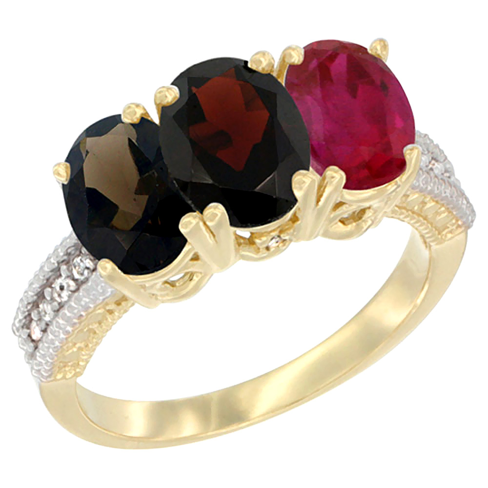 14K Yellow Gold Natural Smoky Topaz, Garnet & Enhanced Ruby Ring 3-Stone 7x5 mm Oval Diamond Accent, sizes 5 - 10