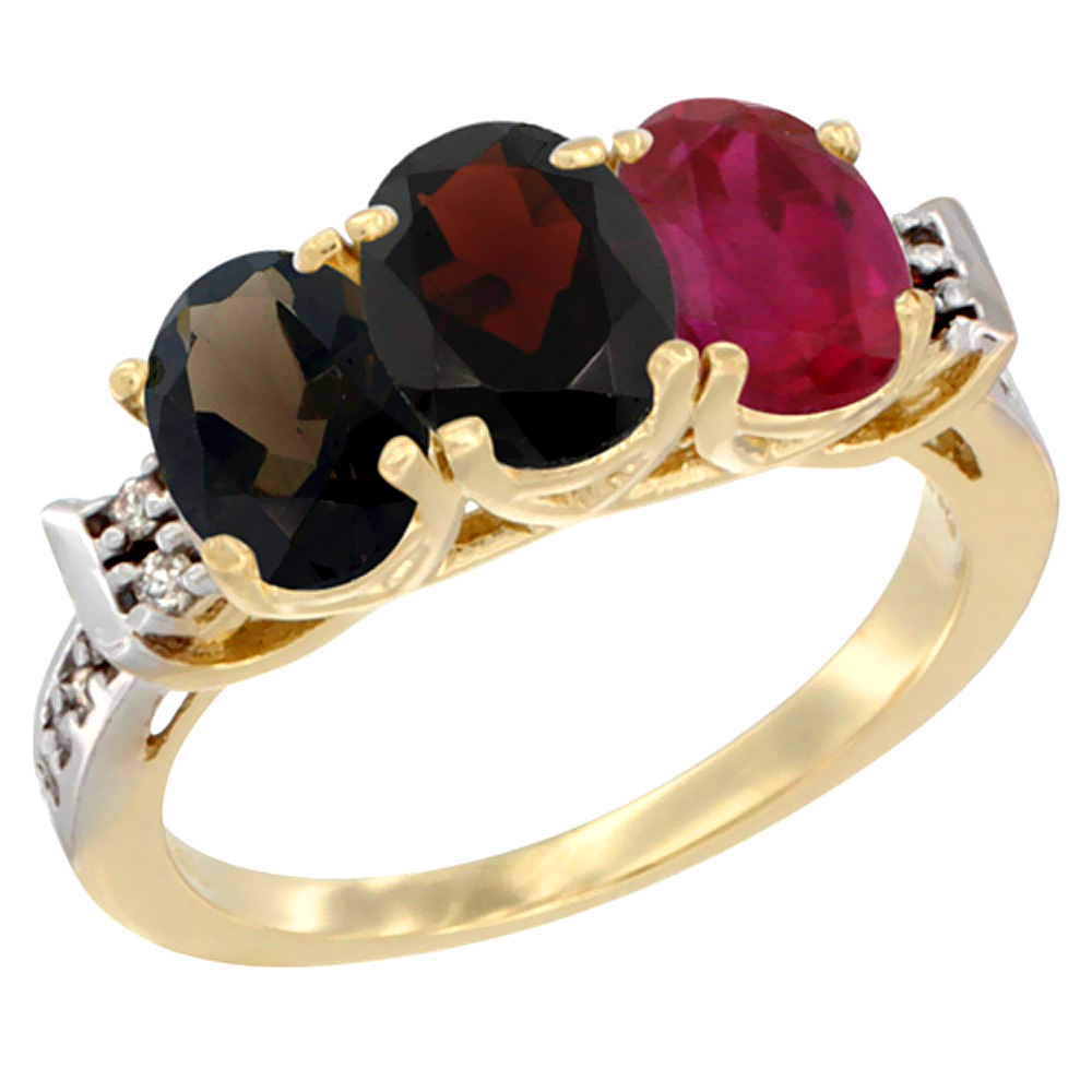 14K Yellow Gold Natural Smoky Topaz, Garnet &amp; Enhanced Ruby Ring 3-Stone Oval 7x5 mm Diamond Accent, sizes 5 - 10