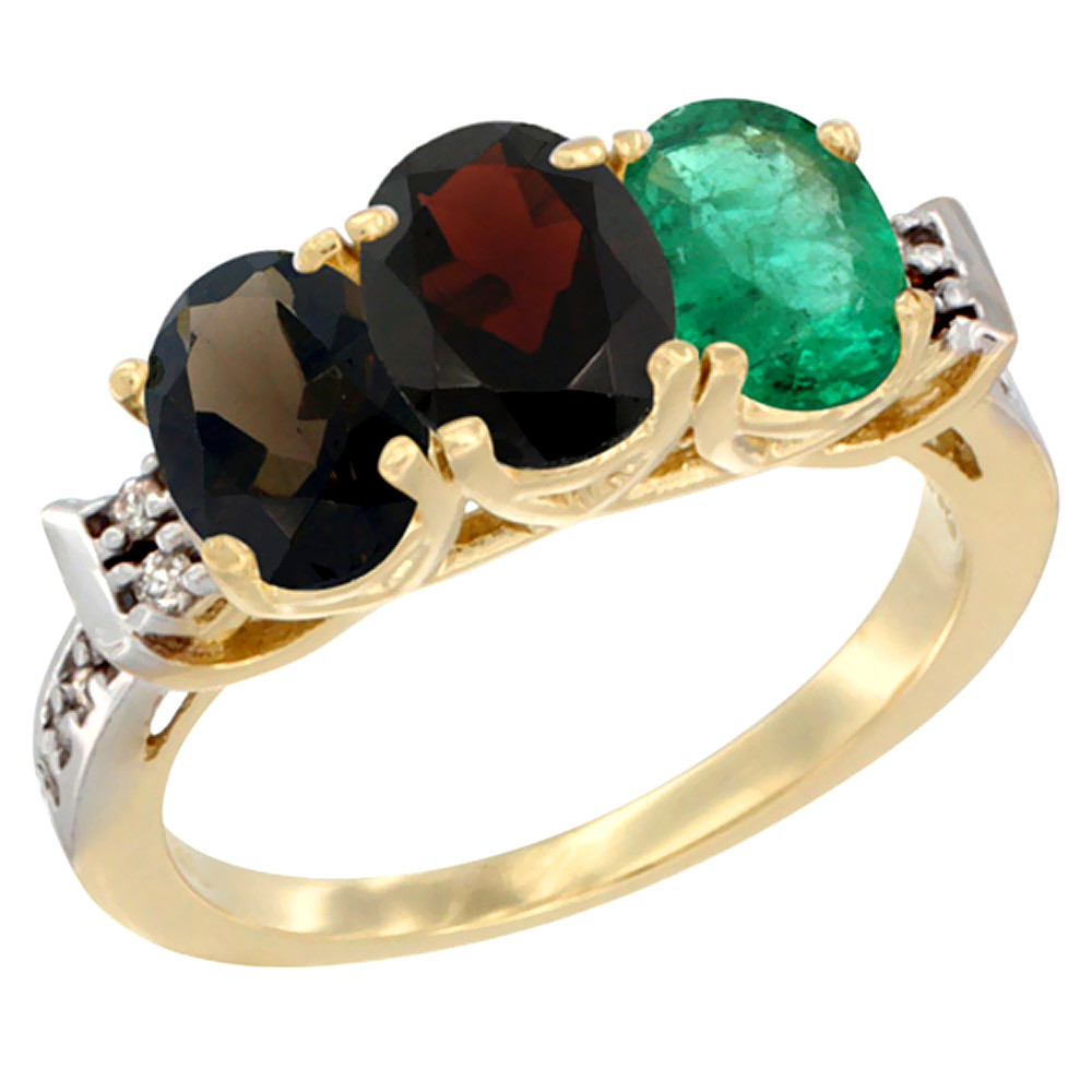 14K Yellow Gold Natural Smoky Topaz, Garnet &amp; Emerald Ring 3-Stone Oval 7x5 mm Diamond Accent, sizes 5 - 10