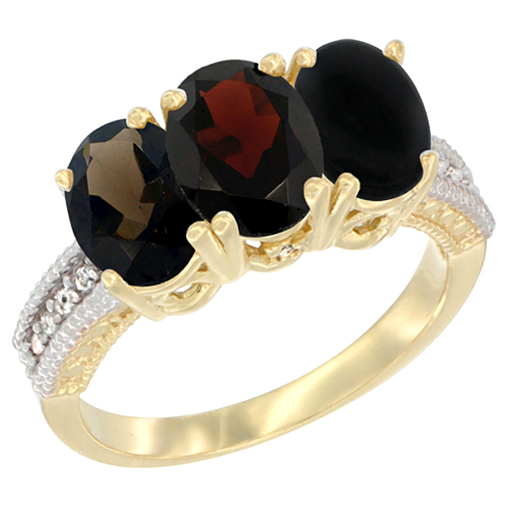 14K Yellow Gold Natural Smoky Topaz, Garnet &amp; Black Onyx Ring 3-Stone 7x5 mm Oval Diamond Accent, sizes 5 - 10