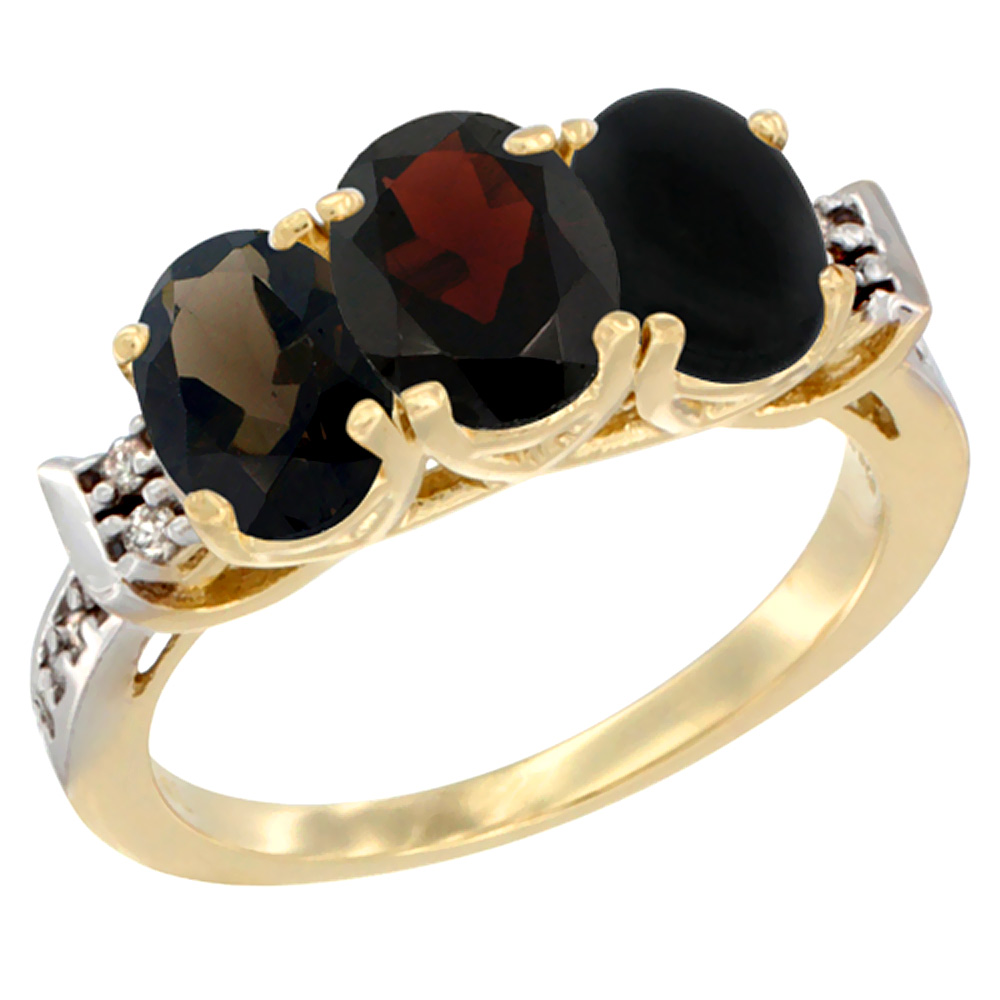 14K Yellow Gold Natural Smoky Topaz, Garnet & Black Onyx Ring 3-Stone Oval 7x5 mm Diamond Accent, sizes 5 - 10