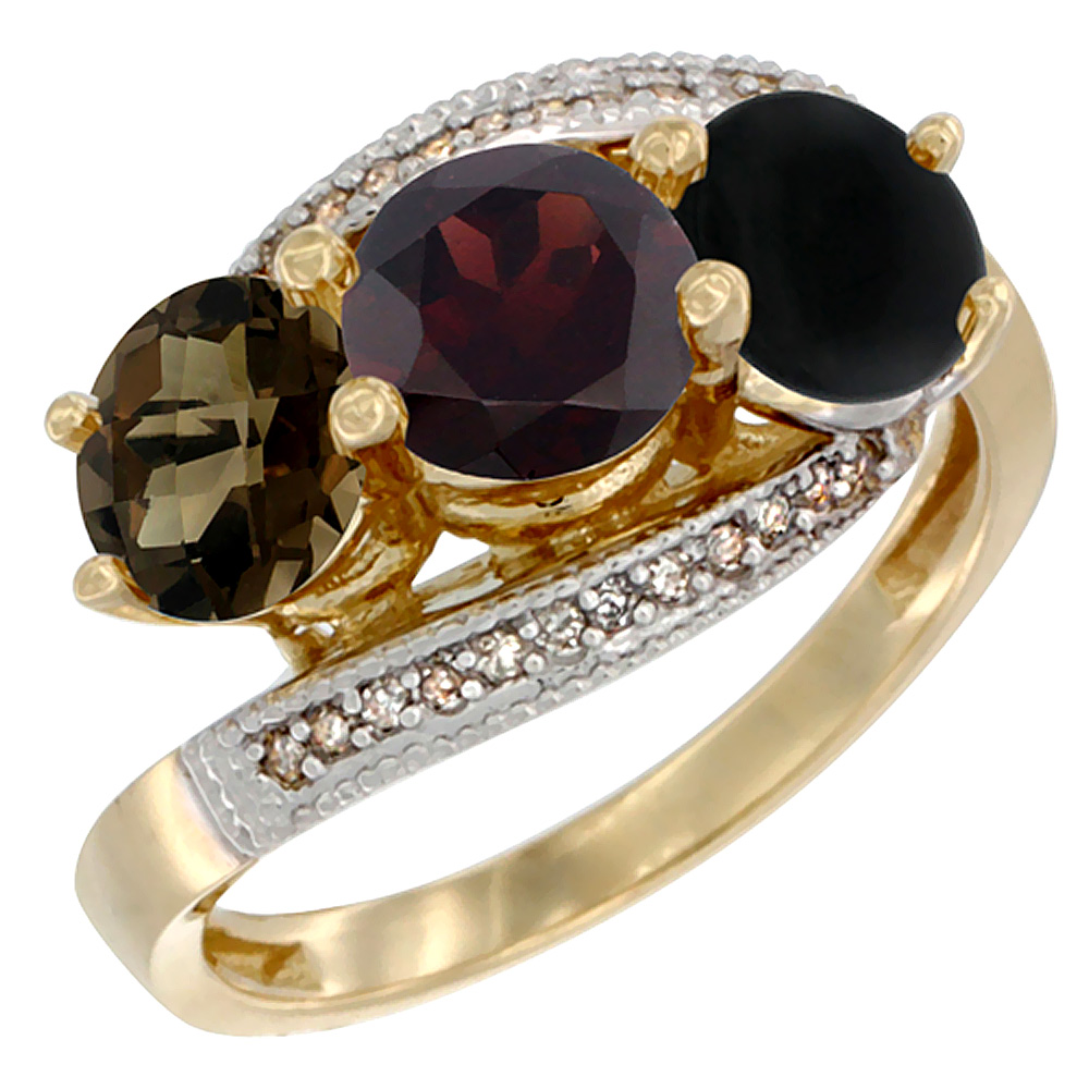 14K Yellow Gold Natural Smoky Topaz, Garnet &amp; Black Onyx 3 stone Ring Round 6mm Diamond Accent, sizes 5 - 10