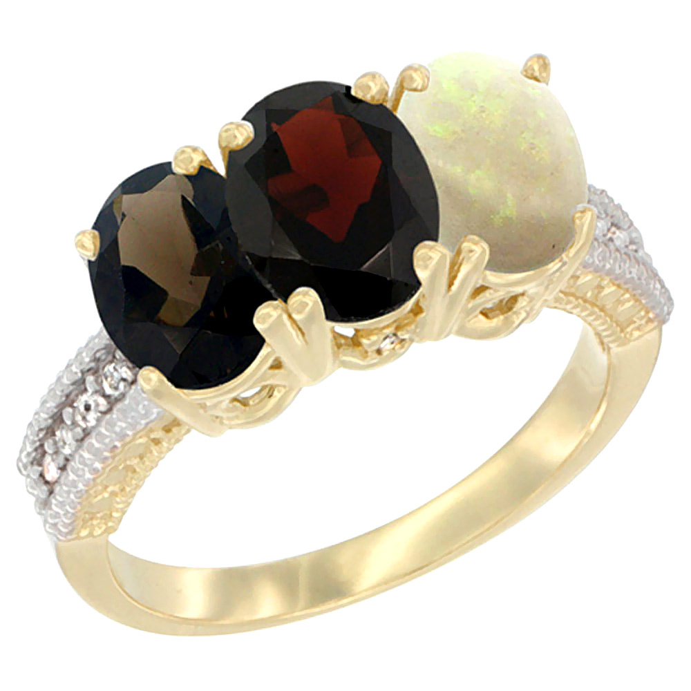 14K Yellow Gold Natural Smoky Topaz, Garnet & Opal Ring 3-Stone 7x5 mm Oval Diamond Accent, sizes 5 - 10