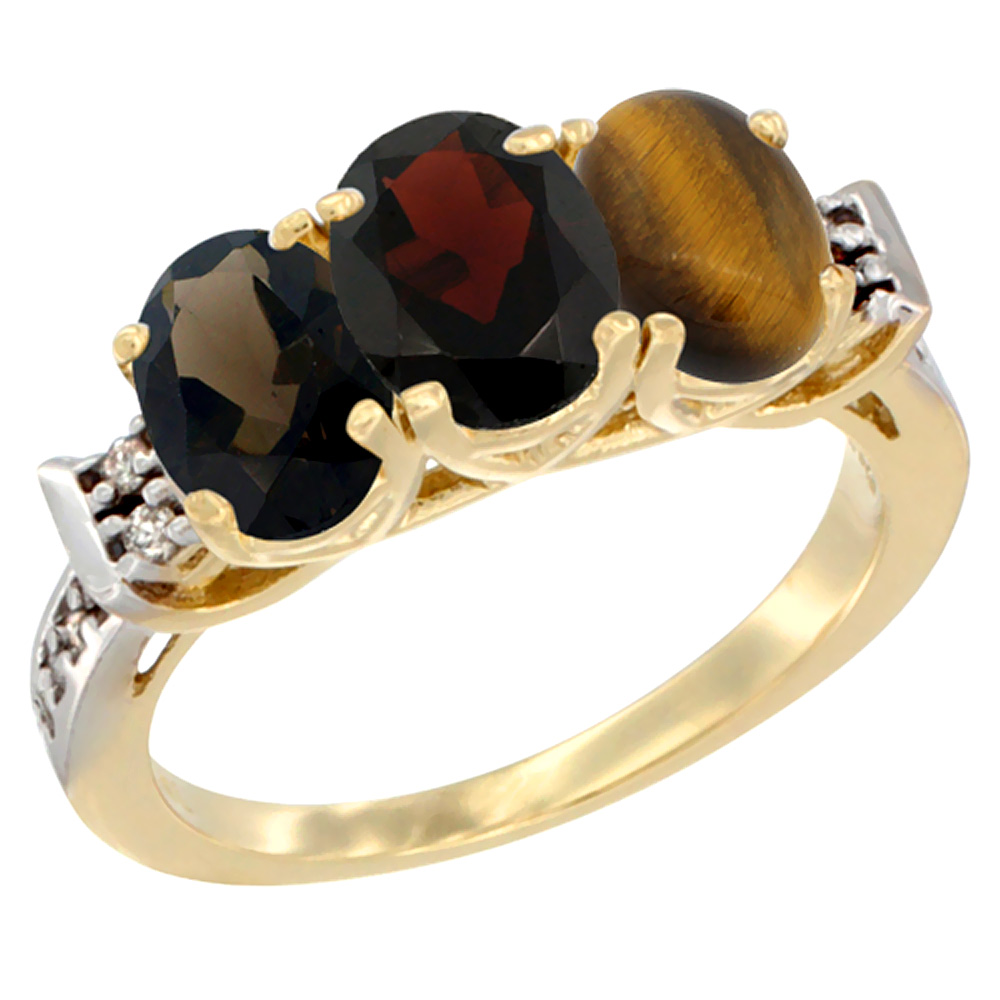 14K Yellow Gold Natural Smoky Topaz, Garnet & Tiger Eye Ring 3-Stone Oval 7x5 mm Diamond Accent, sizes 5 - 10