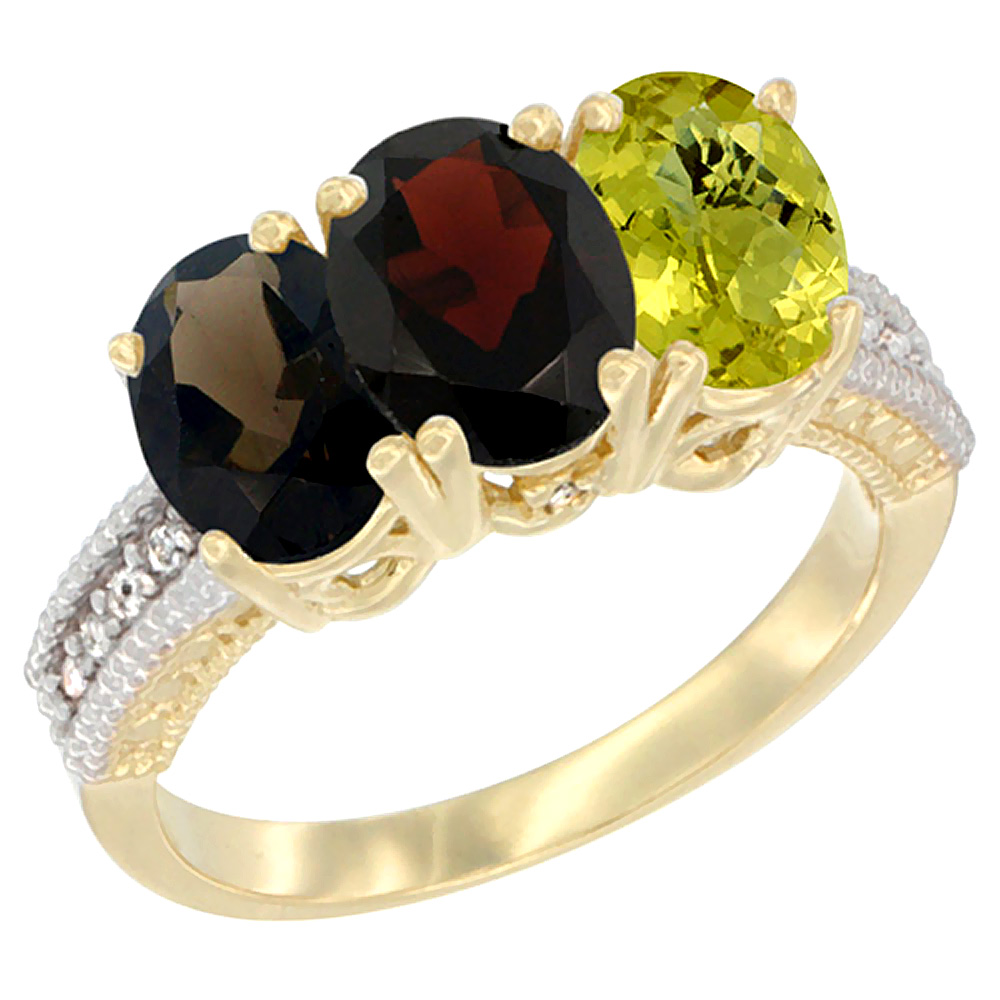 14K Yellow Gold Natural Smoky Topaz, Garnet &amp; Lemon Quartz Ring 3-Stone 7x5 mm Oval Diamond Accent, sizes 5 - 10