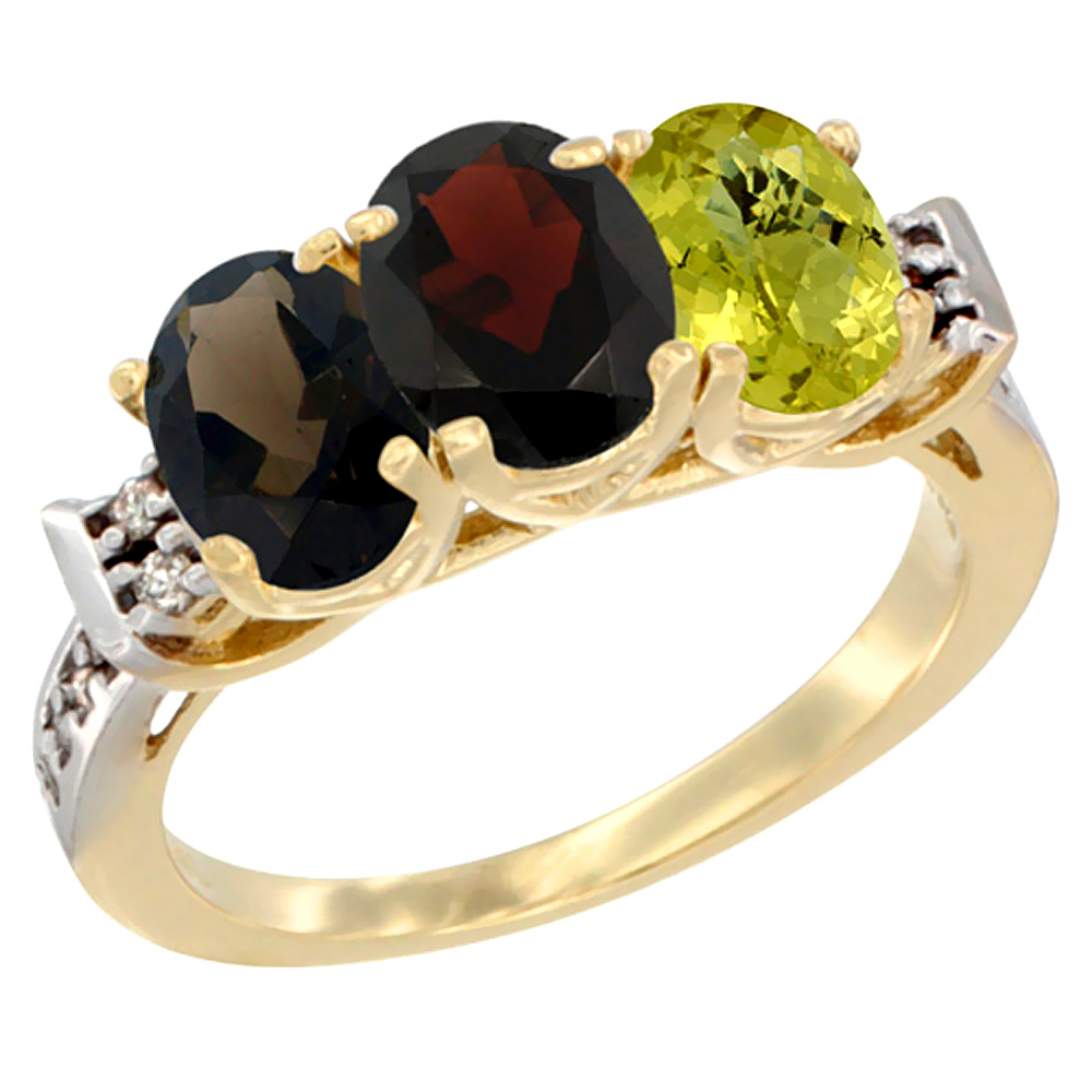 14K Yellow Gold Natural Smoky Topaz, Garnet &amp; Lemon Quartz Ring 3-Stone Oval 7x5 mm Diamond Accent, sizes 5 - 10