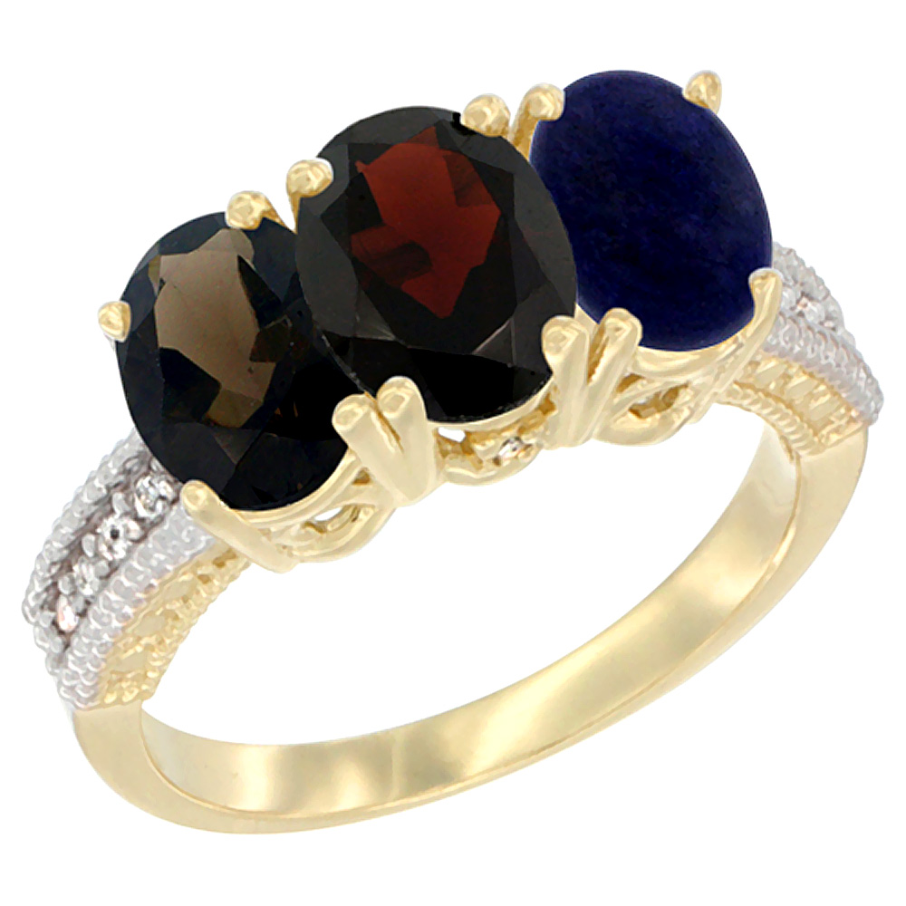 14K Yellow Gold Natural Smoky Topaz, Garnet &amp; Lapis Ring 3-Stone 7x5 mm Oval Diamond Accent, sizes 5 - 10